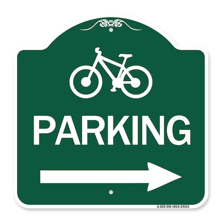 Bicycle Symbol Parking Right Arrow, Green & White Aluminum Architectural Sign